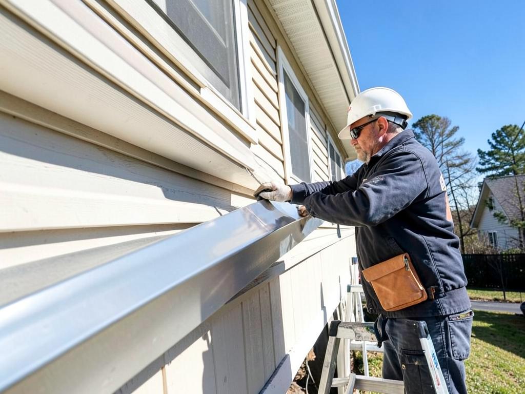 Contractor installing a seamless aluminum gutter on a home