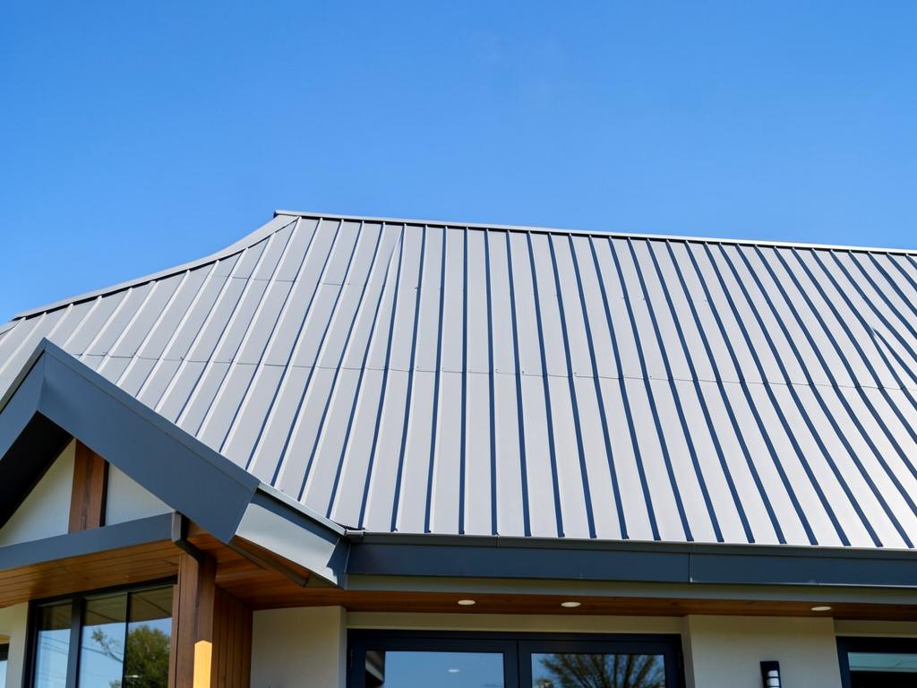 Standing seam metal roof on a modern home against a blue sky