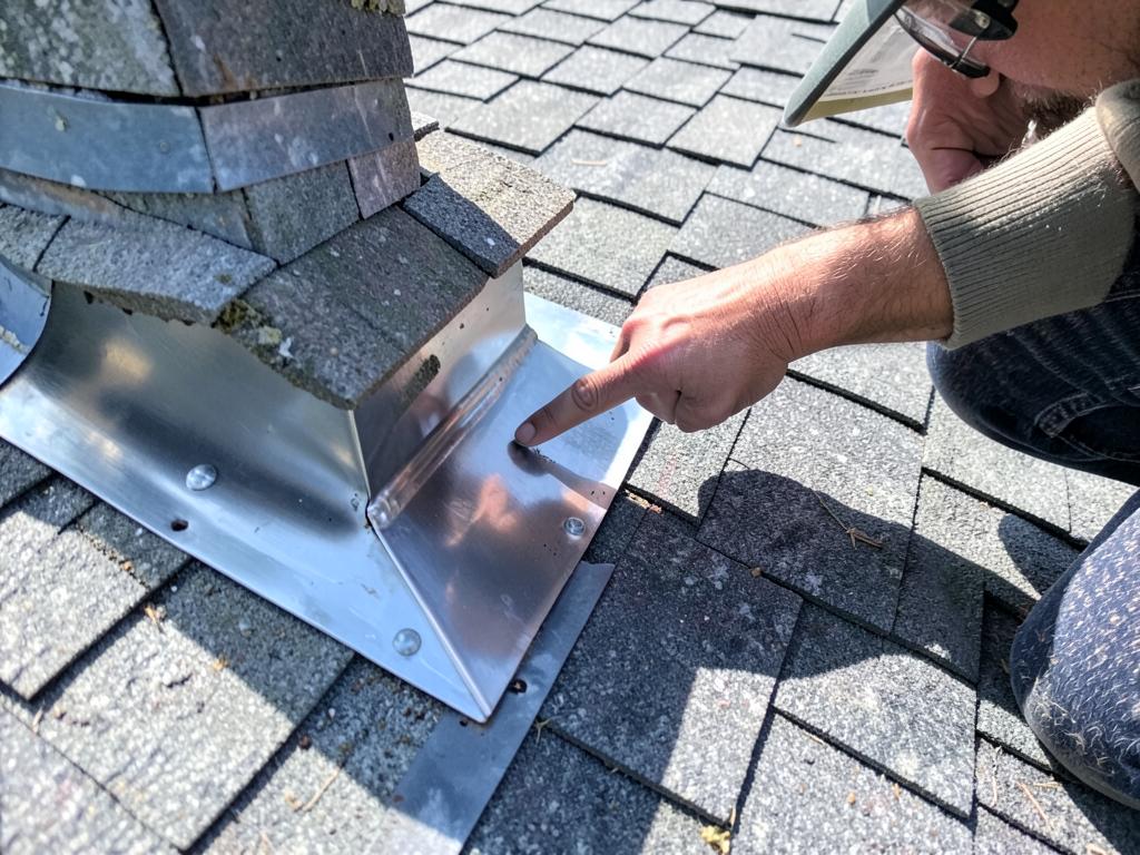 Roofer inspecting metal flashing around a chimney