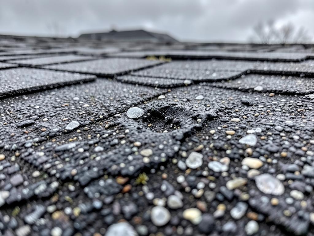 Close-up of hail-damaged asphalt roof shingles